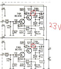 Fragment schematu elektronicznego z zaznaczonymi na czerwono „25V” oraz dopiskiem „23V”.
