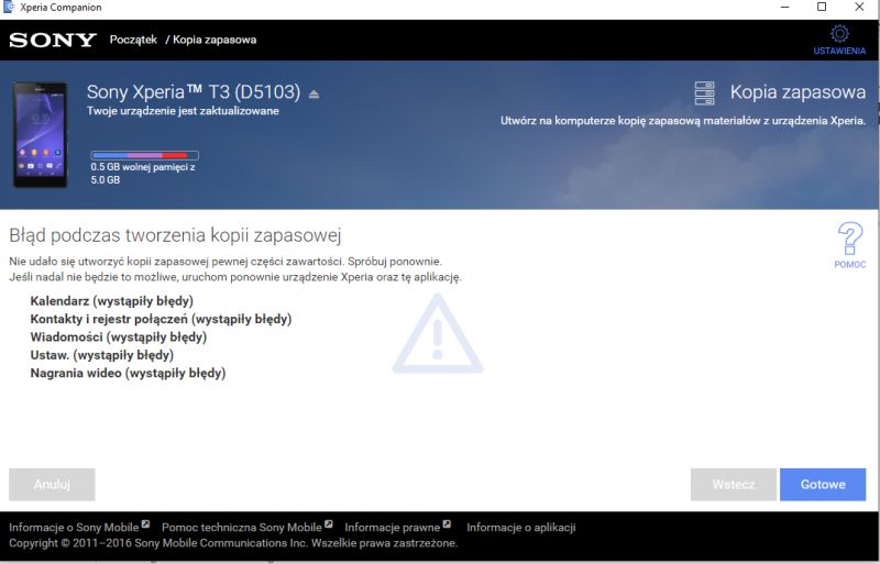 Sony Xperia T3 - Błędy podczas robienia kopii zapasowej poprzez Xperia Companion