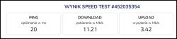 Wynik testu prędkości łącza internetowego: ping 20 ms, pobieranie 11.21 Mb/s, wysyłanie 3.42 Mb/s