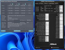 Zrzut ekranu z benchmarku AIDA64 i konfiguratora timingów pamięci dla płyty głównej Asus ROG Strix Z790-E Gaming WiFi z procesorem Intel Core i5-13600.