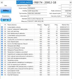 Zrzut ekranu z programu CrystalDiskInfo pokazujący informacje o dysku ST2000LM007 o pojemności 2000,3 GB.