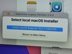 Installing macOS Sequoia via OpenCore Legacy Patcher Screenshot of OpenCore Legacy Patcher 2.0.2 with the option to install macOS Sequoia 15.0.1 selected.