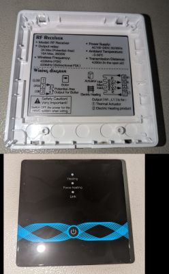 RF Receiver and Room Thermostat The image shows the back panel of an RF receiver and the front of a room thermostat.
