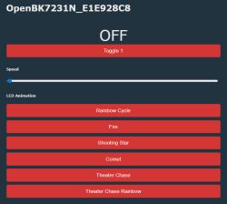 OpenBK7231N control interface with LED animation buttons and speed slider