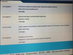 Zdjęcie ekranu komputera z odczytanymi kodami błędów samochodu.