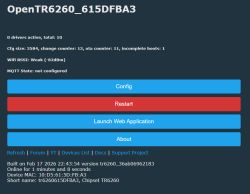 OpenTR6260 status page with buttons: Config, Restart, Launch Web Application, and About.