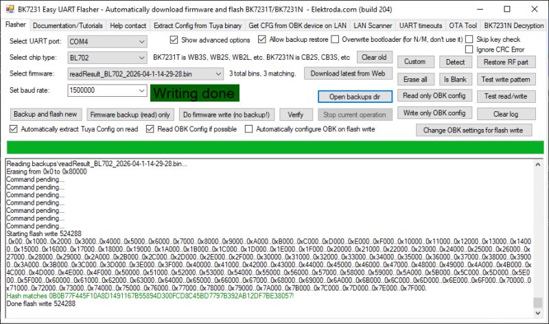 Firmware flashing completed in BK7231 Easy UART Flasher application