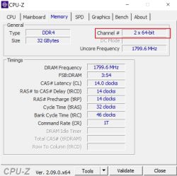Zakładka Memory w CPU-Z pokazująca pracę pamięci w trybie Dual Channel