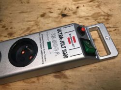 Close-up of the front part of a ULTRA-JOLT 9000 power strip by Brennenstuhl.