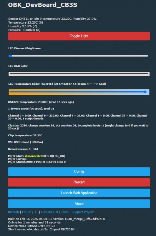 Screenshot of OBK_DevBoard_CB3S user interface showing temperature, humidity, and pressure data, along with LED control options.