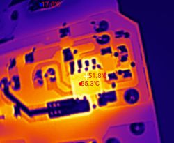 Thermal image of PCB with marked hotspot reaching 55.3°C