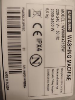 Etykieta pralki Samsung WW60K42138W z danymi technicznymi