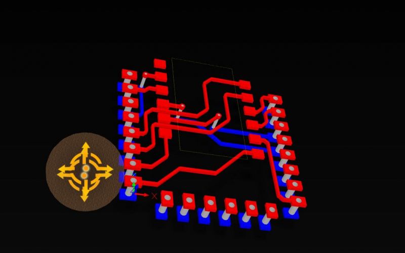 3D Model of PCB PCB with red and blue traces in a 3D visualization.