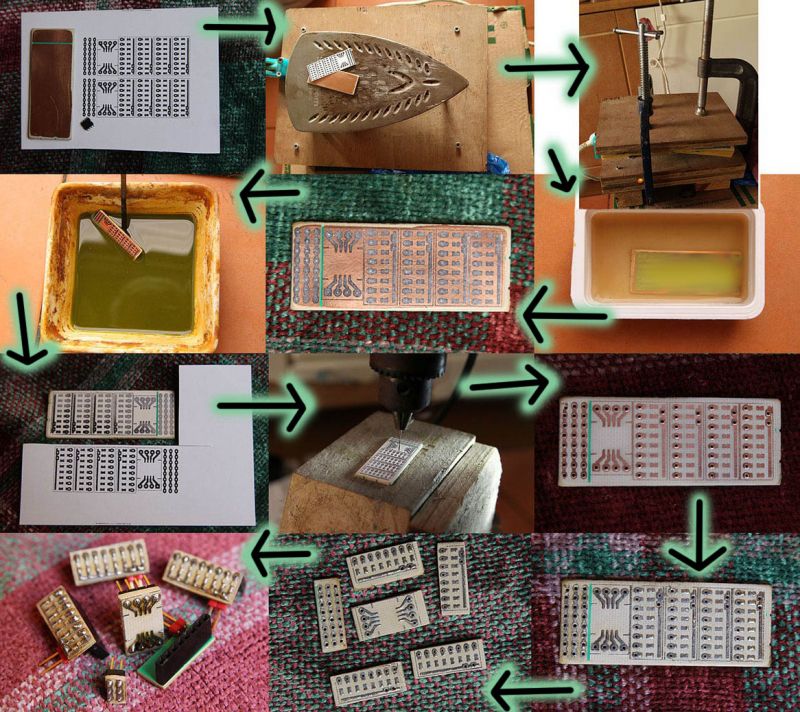 The process of producing electronic boards using the iron-on transfer method.