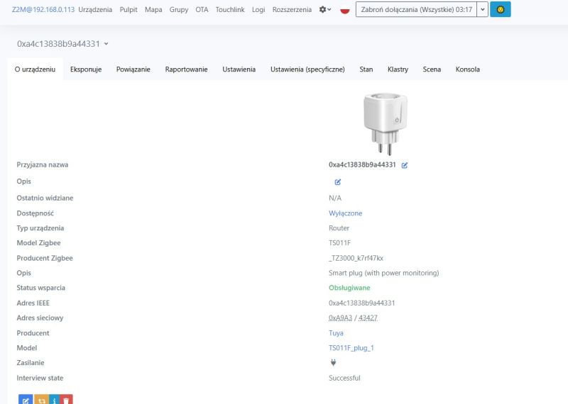 Zigbee2MQTT device page showing a TS011F smart plug and its device details
