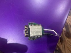 ESP-12S Module with Wires ESP-12S module on a purple background with white wires.