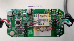 Circuit board with CBU module and labeled pins and pathways.