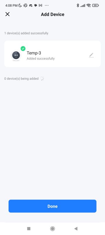 “Add Device” screen showing device “Temp-3” added successfully, displaying 20.5°C