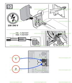 Ilustracja pokazuje sposób podłączenia przewodów do złączy w urządzeniu elektrycznym. Widoczne są oznaczenia napięcia 230-240 V oraz instrukcje montażu z przedmiotem do ochrony przed porażeniem.