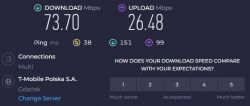 Wyniki testu prędkości internetu z wartościami pobierania 73.70 Mbps i wysyłania 26.48 Mbps.