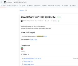 Screenshot of GitHub Releases: BK7231GUIFlashTool build 332 with changelog and Assets downloads