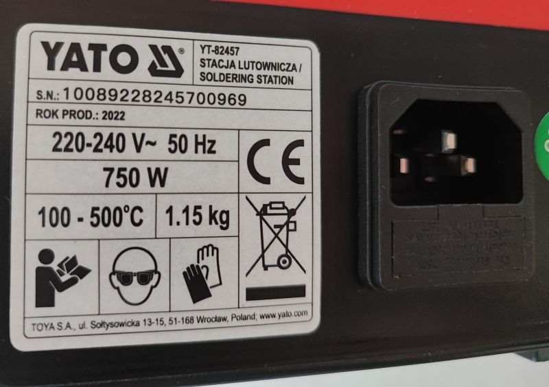 Nameplate of the Yato YT-82457 Soldering Station Nameplate of the Yato YT-82457 soldering station