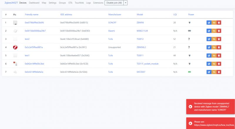 Screenshot showing a list of Zigbee devices in the Zigbee2MQTT panel.