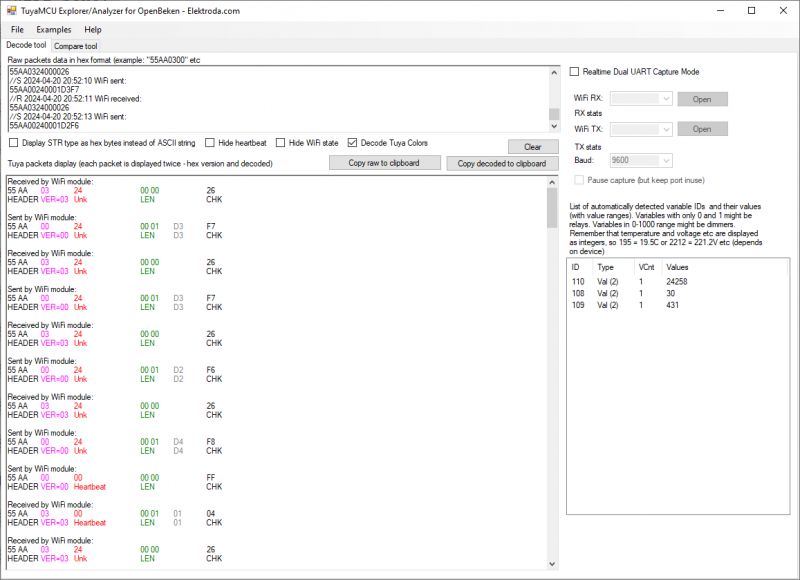 TuyaMCU Explorer Interface TuyaMCU Explorer interface for UART data analysis.