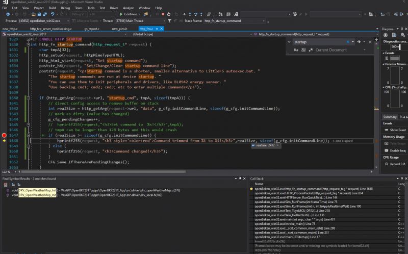 Screenshot of Visual Studio with source code and diagnostics window open.