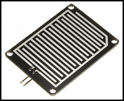 Water sensor PCB with metal traces and two pins, top view