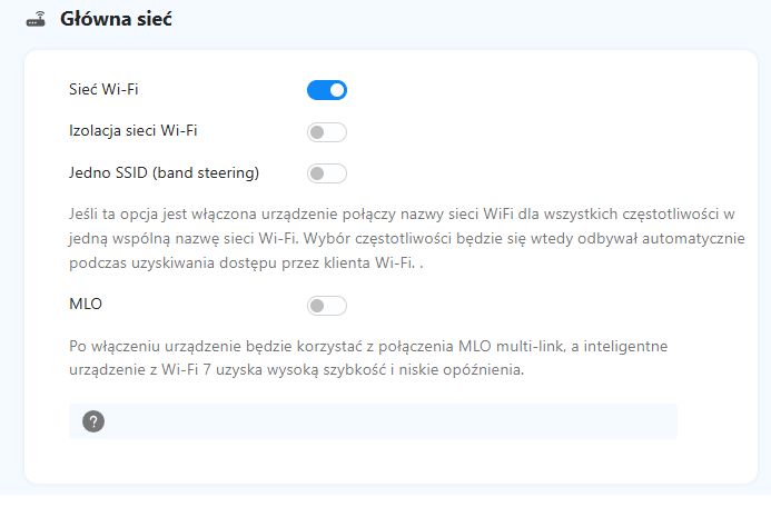 Panel ustawień głównej sieci Wi-Fi z widocznymi opcjami i przełącznikami