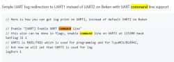 Code snippet showing UART log redirection to UART1 instead of UART2 on Beken with UART command line support.
