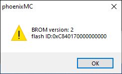 phoenixMC dialog with warning icon and text: “BROM version: 2” and “flash ID: 0xC840170000000000”