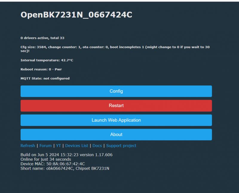 OpenBK7231N User Interface User interface screen of OpenBK7231N displaying configuration details and management options.