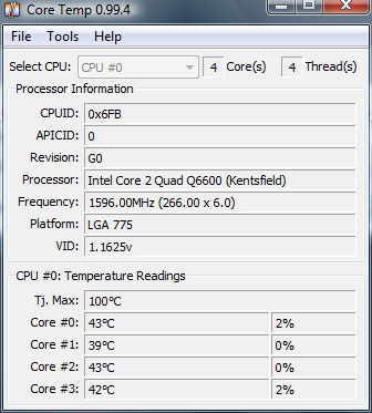 Q6600 temperatura bez OC w stresie (prime95) 100 st. C !