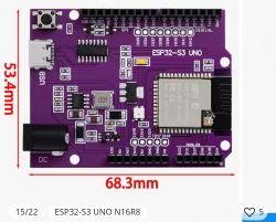Purple ESP32-S3 UNO board with labeled pins and dimensions.