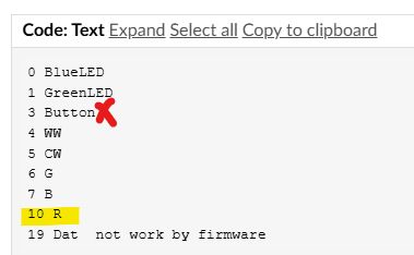 GPIO assignment list with GPIO 10 as R highlighted and GPIO 3 marked with red X