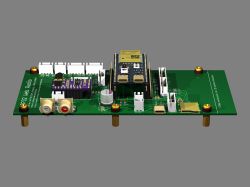Render of a PCB with various components on a gray background.