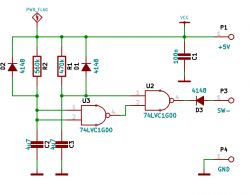 Schemat obwodu elektronicznego z dwiema bramkami NAND 74LVC1G00 i diodami.