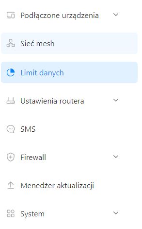 Menu ustawień z opcjami: urządzenia, sieć mesh, dane, router, SMS, firewall, aktualizacje, system