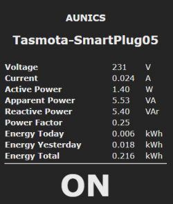 Screen of Tasmota smart plug showing power readings.