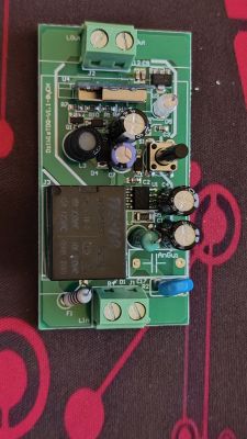 Electronic circuit board with components such as a relay and capacitors.