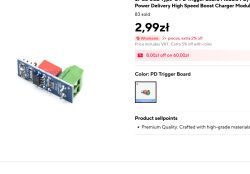 Zrzut ekranu oferty: moduł PD Trigger USB‑C na płytce z zielonym złączem i ceną 2,99 zł