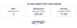 Wynik speed testu: ping 5 ms, pobieranie 625,22 Mb/s, wysyłanie 71,30 Mb/s