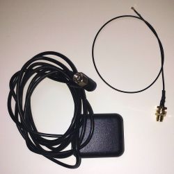 GPS antenna set with black cable, SMA connector, and mounting end fitting