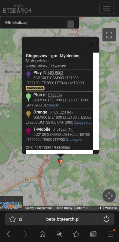 Zrzut ekranu z mapy BTSearch z zaznaczoną lokalizacją i informacjami o stacjach bazowych
