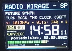 yoRadio display screen showing station, song, weather, date, and time