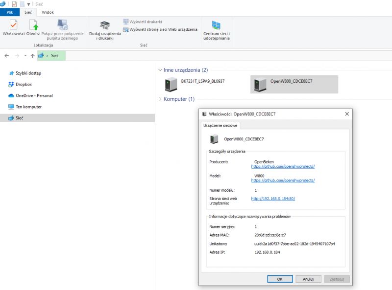 Window showing network device properties of OpenW800 on a Windows computer.