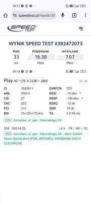 Zrzut ekranu z wynikami testu prędkości Internetu dla Play 4G LTE.