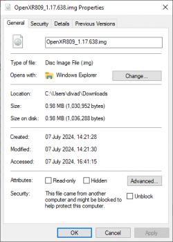 Properties window showing details of the OpenXR809 disk image file.